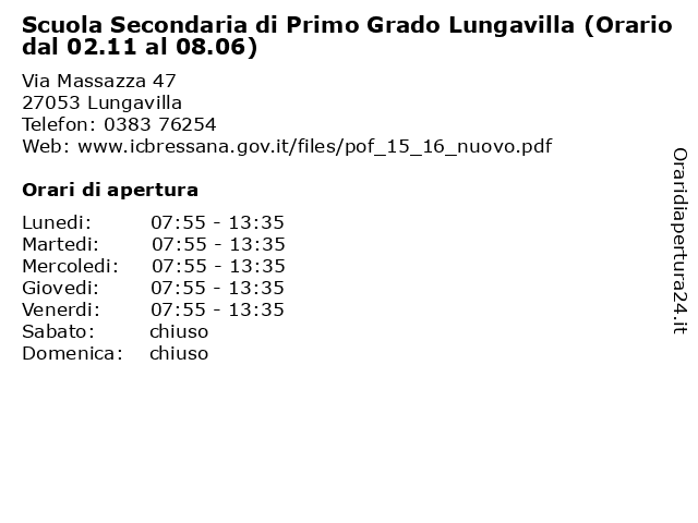 Scuola Secondaria di Primo Grado Lungavilla (Orario dal 02.11 al 08.06) a Lungavilla: indirizzo e orari di apertura