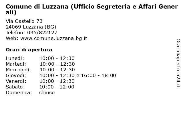 Comune di Luzzana (Ufficio Segreteria e Affari Generali) a Luzzana (BG): indirizzo e orari di apertura