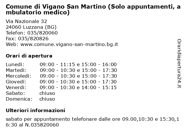 Comune di Vigano San Martino (Solo appuntamenti, ambulatorio medico) a Luzzana (BG): indirizzo e orari di apertura