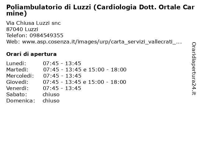 Poliambulatorio di Luzzi (Cardiologia Dott. Ortale Carmine) a Luzzi: indirizzo e orari di apertura
