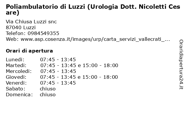Poliambulatorio di Luzzi (Urologia Dott. Nicoletti Cesare) a Luzzi: indirizzo e orari di apertura