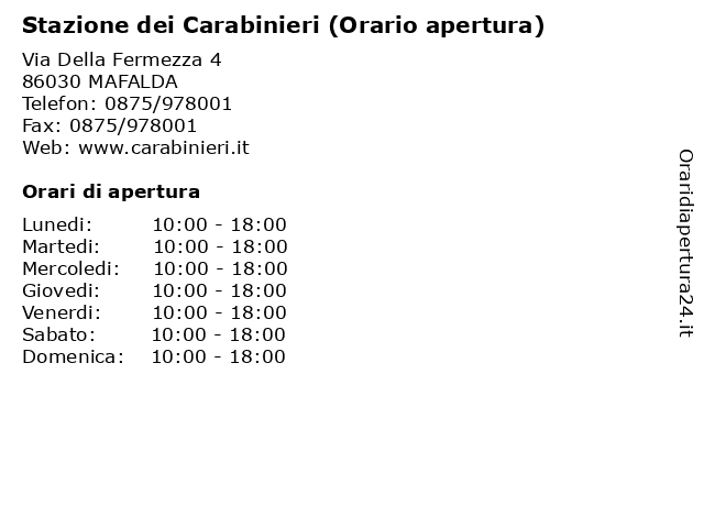 Stazione dei Carabinieri (Orario apertura) a MAFALDA: indirizzo e orari di apertura
