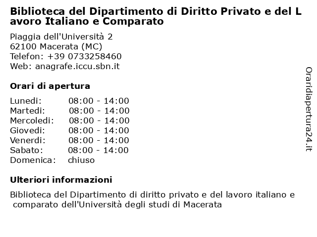 Biblioteca del Dipartimento di Diritto Privato e del Lavoro Italiano e Comparato a Macerata (MC): indirizzo e orari di apertura