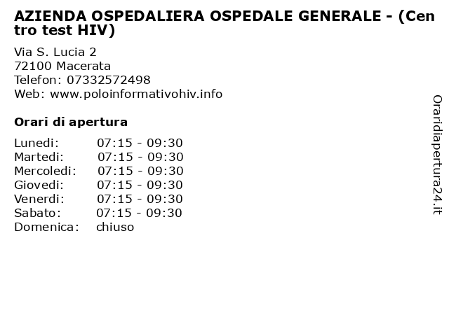 AZIENDA OSPEDALIERA OSPEDALE GENERALE - (Centro test HIV) a Macerata: indirizzo e orari di apertura