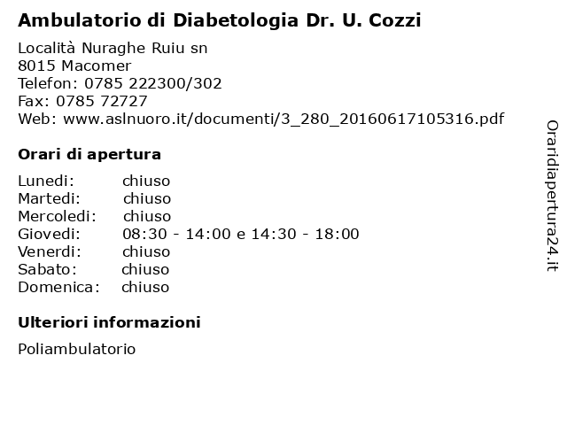 Ambulatorio di Diabetologia Dr. U. Cozzi a Macomer: indirizzo e orari di apertura