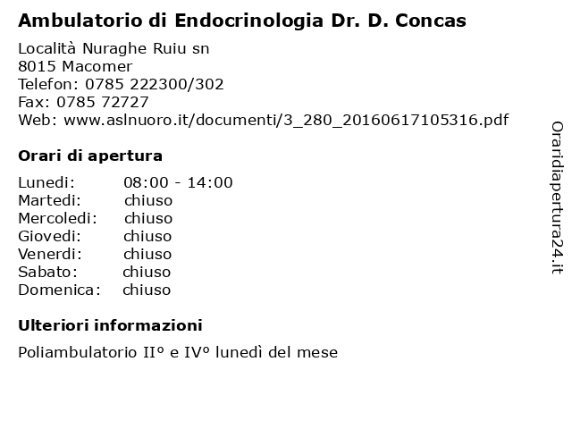 Ambulatorio di Endocrinologia Dr. D. Concas a Macomer: indirizzo e orari di apertura