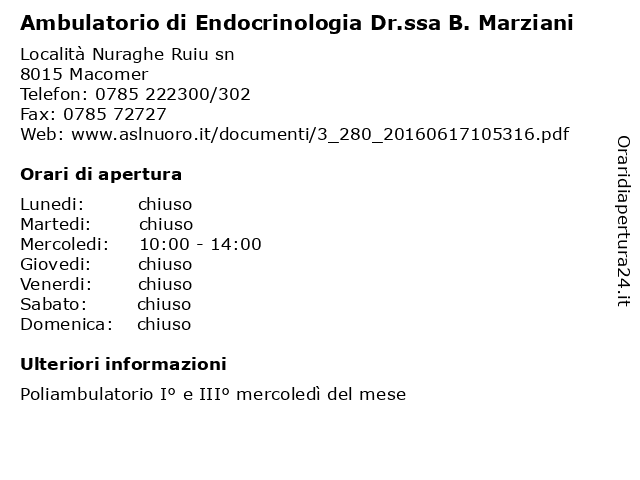 Ambulatorio di Endocrinologia Dr.ssa B. Marziani a Macomer: indirizzo e orari di apertura