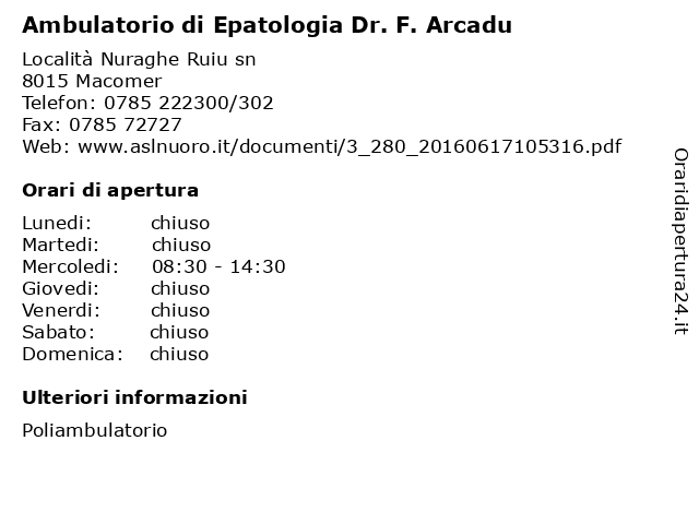 Ambulatorio di Epatologia Dr. F. Arcadu a Macomer: indirizzo e orari di apertura