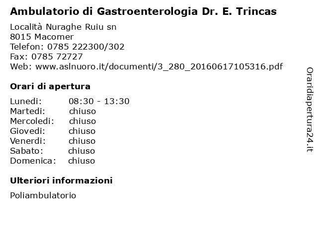 Ambulatorio di Gastroenterologia Dr. E. Trincas a Macomer: indirizzo e orari di apertura