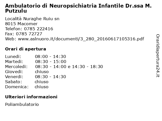 Ambulatorio di Neuropsichiatria Infantile Dr.ssa M. Putzulu a Macomer: indirizzo e orari di apertura