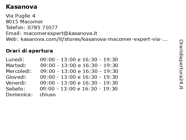Kasanova a Macomer: indirizzo e orari di apertura