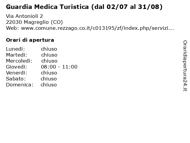 Guardia Medica Turistica (dal 02/07 al 31/08) a Magreglio (CO): indirizzo e orari di apertura