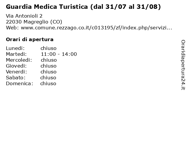 Guardia Medica Turistica (dal 31/07 al 31/08) a Magreglio (CO): indirizzo e orari di apertura