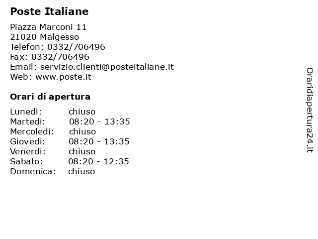 Poste Italiane a Malgesso: indirizzo e orari di apertura