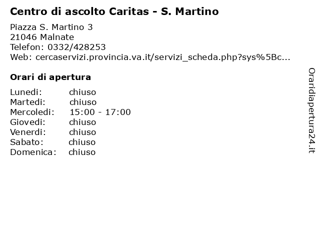 Centro di ascolto Caritas - S. Martino a Malnate: indirizzo e orari di apertura