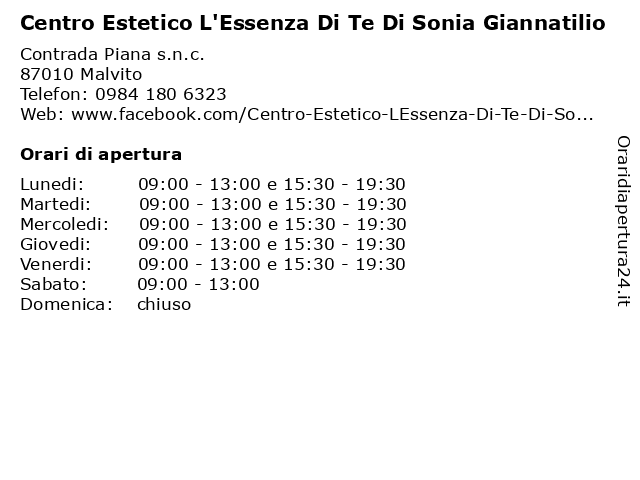 Centro Estetico L'Essenza Di Te Di Sonia Giannatilio a Malvito: indirizzo e orari di apertura