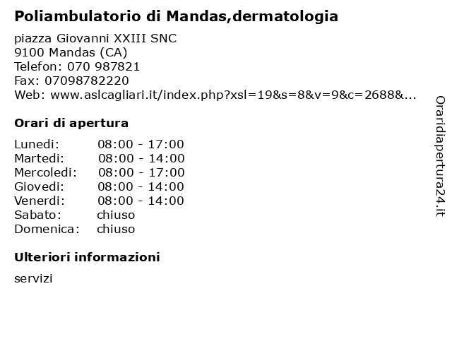Poliambulatorio di Mandas,dermatologia a Mandas (CA): indirizzo e orari di apertura