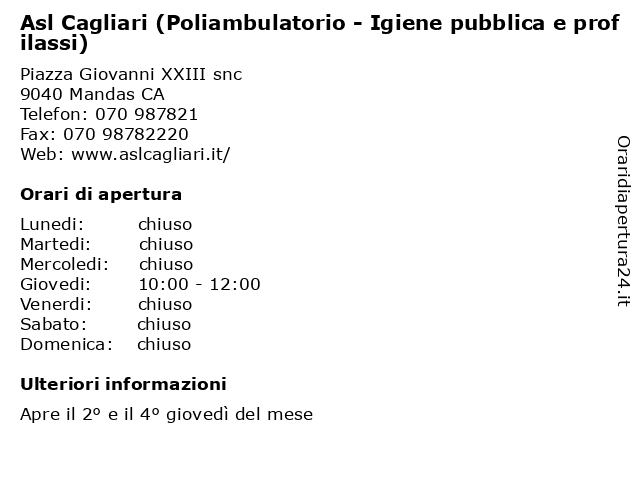 Asl Cagliari (Poliambulatorio - Igiene pubblica e profilassi) a Mandas CA: indirizzo e orari di apertura