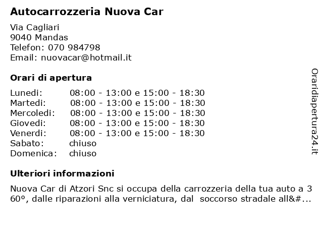 Autocarrozzeria Nuova Car di Atzori s.n.c a Mandas: indirizzo e orari di apertura