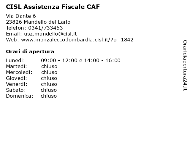 CISL Assistenza Fiscale CAF a Mandello del Lario: indirizzo e orari di apertura