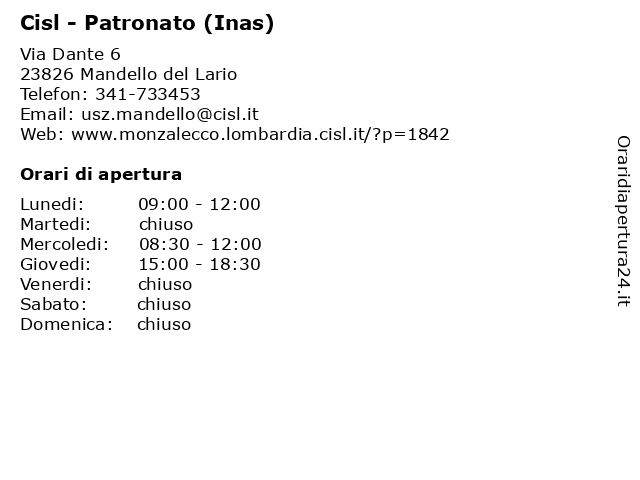 Cisl - Patronato (Inas) a Mandello del Lario: indirizzo e orari di apertura