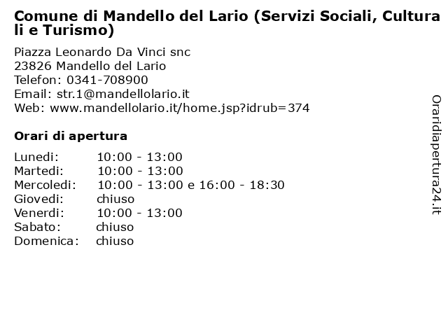 Comune di Mandello del Lario (Servizi Sociali, Culturali e Turismo) a Mandello del Lario: indirizzo e orari di apertura