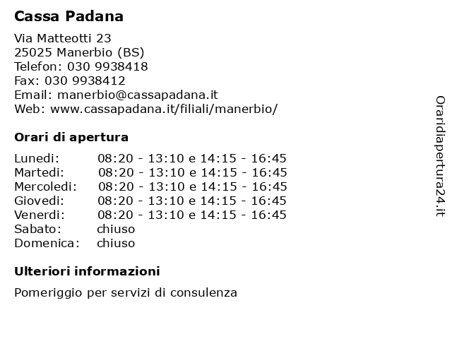 Cassa Padana a Manerbio (BS): indirizzo e orari di apertura