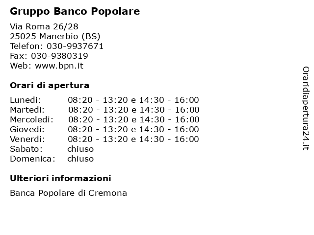Gruppo Banco Popolare a Manerbio (BS): indirizzo e orari di apertura