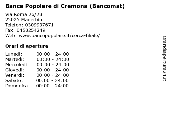 Banca Popolare di Cremona (Bancomat) a Manerbio: indirizzo e orari di apertura