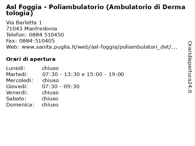Asl Foggia - Poliambulatorio (Ambulatorio di Dermatologia) a Manfredonia: indirizzo e orari di apertura