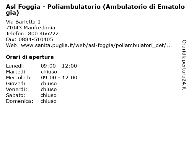 Asl Foggia - Poliambulatorio (Ambulatorio di Ematologia) a Manfredonia: indirizzo e orari di apertura