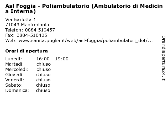 Asl Foggia - Poliambulatorio (Ambulatorio di Medicina Interna) a Manfredonia: indirizzo e orari di apertura
