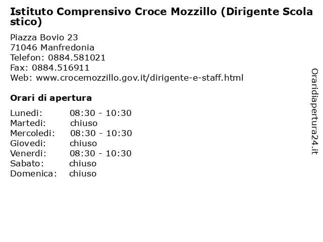 Istituto Comprensivo Croce Mozzillo (Dirigente Scolastico) a Manfredonia: indirizzo e orari di apertura