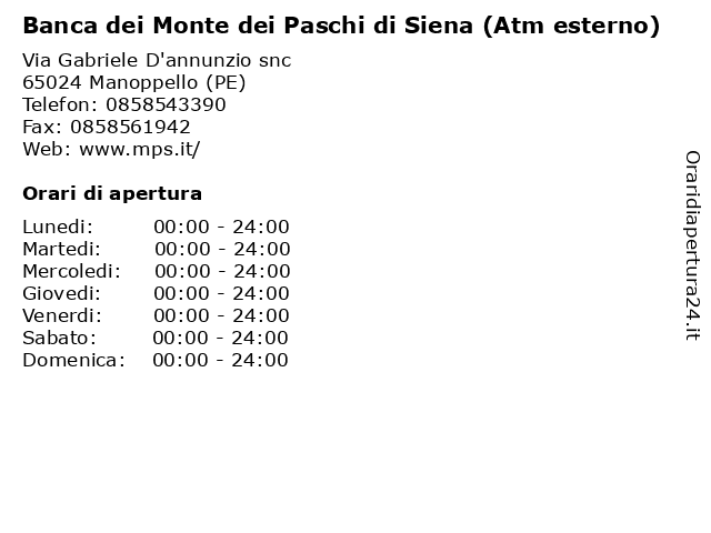 Banca dei Monte dei Paschi di Siena (Atm esterno) a Manoppello (PE): indirizzo e orari di apertura
