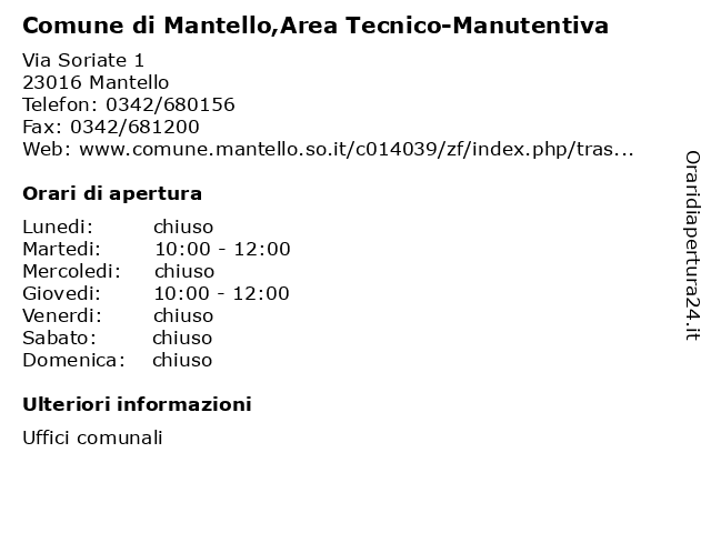Comune di Mantello,Area Tecnico-Manutentiva a Mantello: indirizzo e orari di apertura
