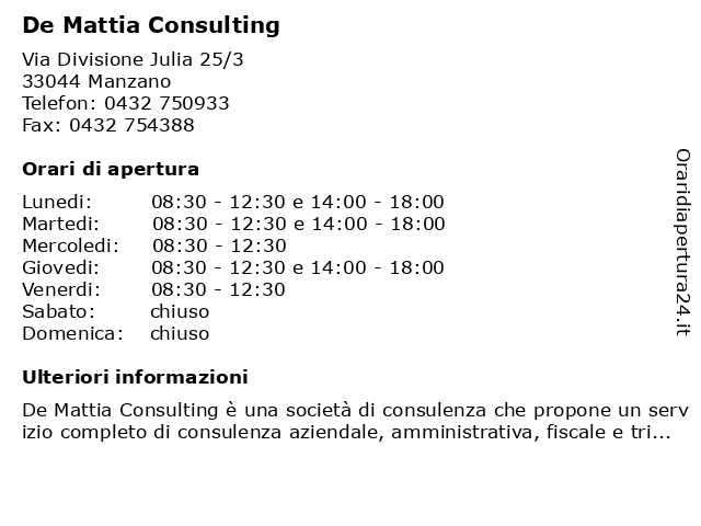 De Mattia Consulting a Manzano: indirizzo e orari di apertura