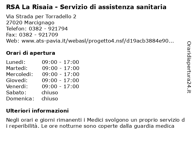 RSA La Risaia - Servizio di assistenza sanitaria a Marcignago: indirizzo e orari di apertura