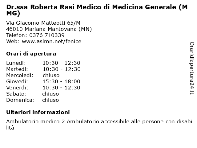 Dr.ssa Roberta Rasi Medico di Medicina Generale (MMG) a Mariana Mantovana (MN): indirizzo e orari di apertura
