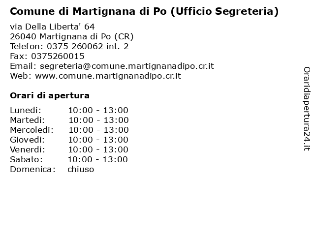 Comune di Martignana di Po (Ufficio Segreteria) a Martignana di Po (CR): indirizzo e orari di apertura