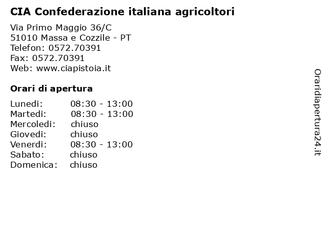 CIA Confederazione italiana agricoltori a Massa e Cozzile - PT: indirizzo e orari di apertura