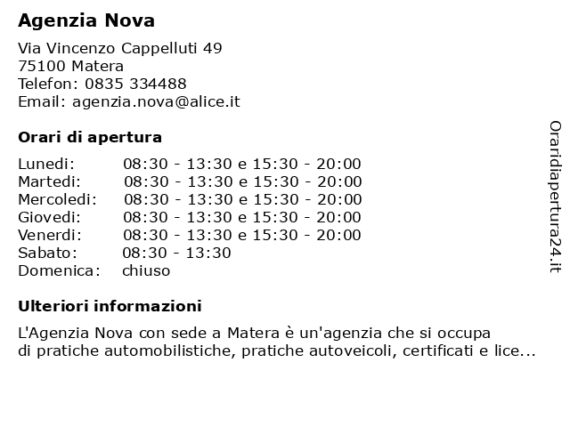 Agenzia Nova a Matera: indirizzo e orari di apertura