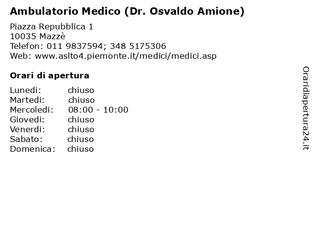 Ambulatorio Medico (Dr. Osvaldo Amione) a Mazzè: indirizzo e orari di apertura