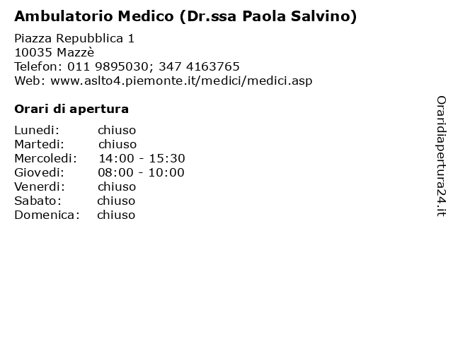 Ambulatorio Medico (Dr.ssa Paola Salvino) a Mazzè: indirizzo e orari di apertura