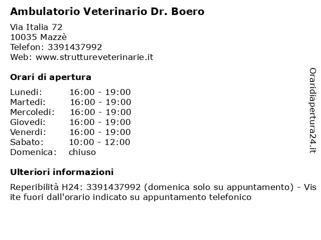 Ambulatorio Veterinario Dr. Boero a Mazzè: indirizzo e orari di apertura