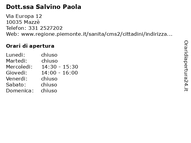 Dott.ssa Salvino Paola a Mazzè: indirizzo e orari di apertura