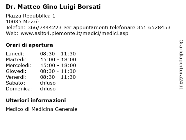 Dr. Matteo Gino Luigi Borsati a Mazzè: indirizzo e orari di apertura