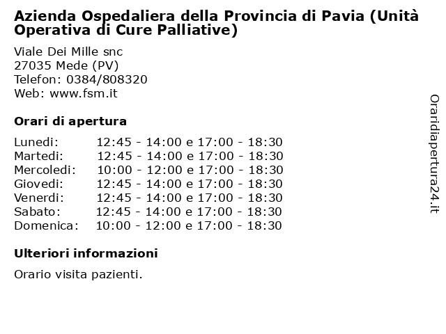 Azienda Ospedaliera della Provincia di Pavia (Unità Operativa di Cure Palliative) a Mede (PV): indirizzo e orari di apertura
