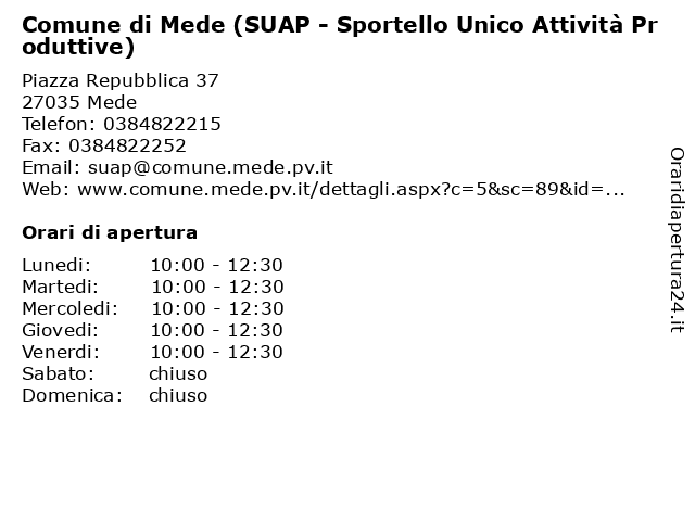 Comune di Mede (SUAP - Sportello Unico Attività Produttive) a Mede: indirizzo e orari di apertura