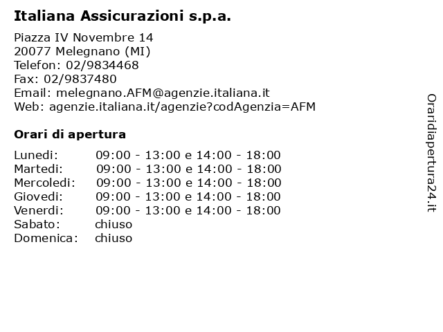 Italiana Assicurazioni s.p.a. a Melegnano (MI): indirizzo e orari di apertura