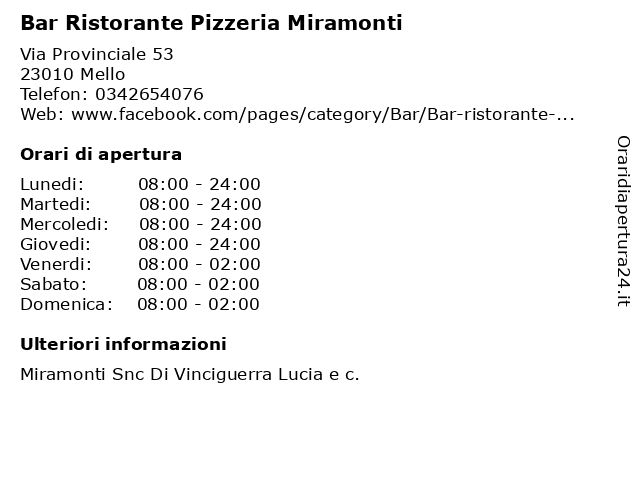 Bar Ristorante Pizzeria Miramonti a Mello: indirizzo e orari di apertura